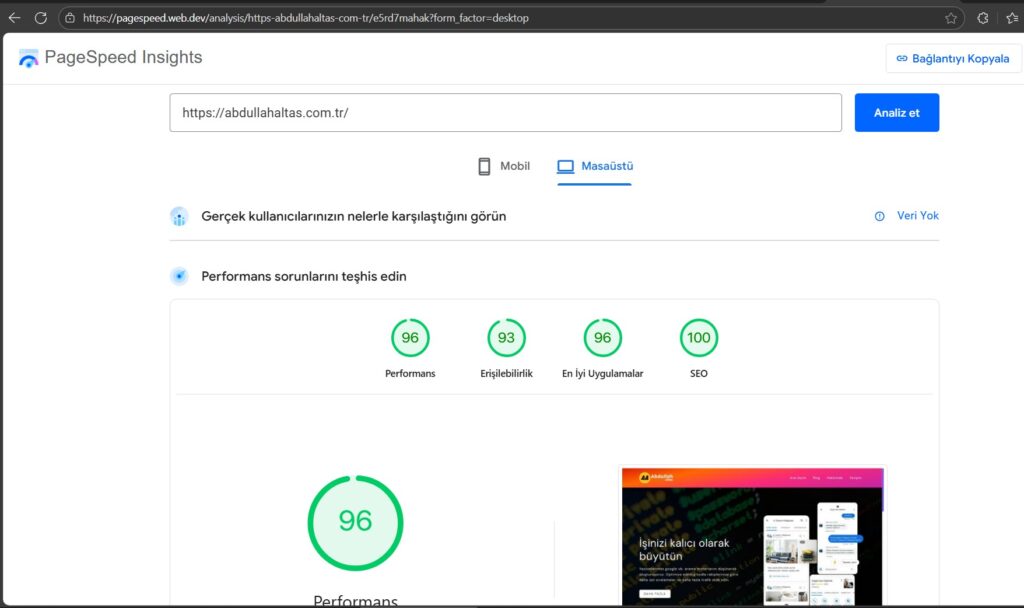 abdullahaltas.com.tr web sitesi pagespeed insight yüksek dereceli performans raporu
