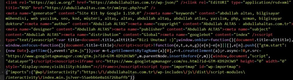 abdullahaltas.com.tr web sitesi sayfa kaynağı kod yapısı detayı